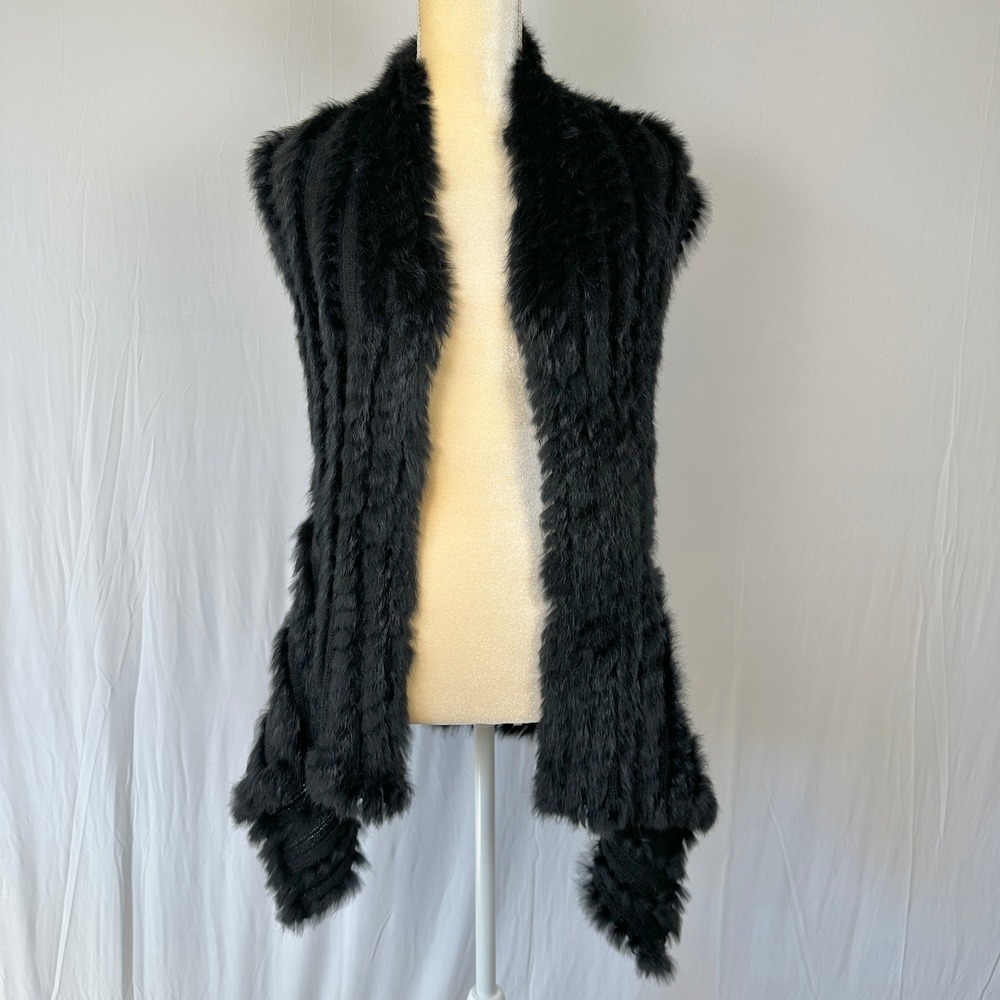 Vintage Elliatt Rabbit Fur Acrylic Knitted‎ Vest Cardigan Women M Black Soft